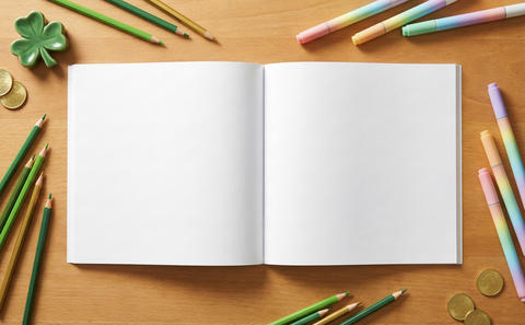 Open Coloring Book Mockup Template with Blank Page on a Wooden Desk with Saint Patrick's Day