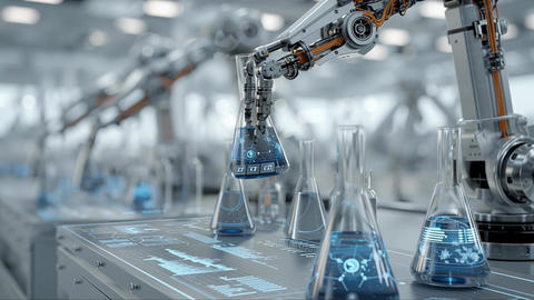 Robotic arms handling glass flasks with blue liquid on digital lab table