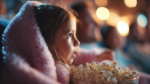 Girl wrapped in pink blanket holding popcorn and watching screen