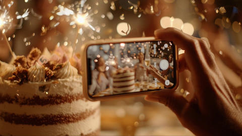 Hands holding smartphone taking photo of layered cake with sparkler