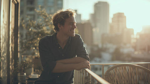 Smiling man leaning on balcony railing overlooking city buildings
