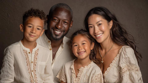 Smiling parents and two children posing together in neutral toned clothing