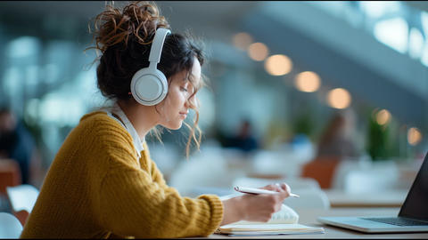 Young woman in yellow sweater wearing headphones writing in notebook beside laptop in library