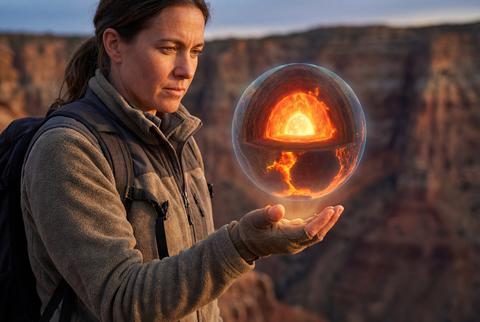 Geology researcher holding a glowing floating sphere of molten earth core layers in a rocky canyon