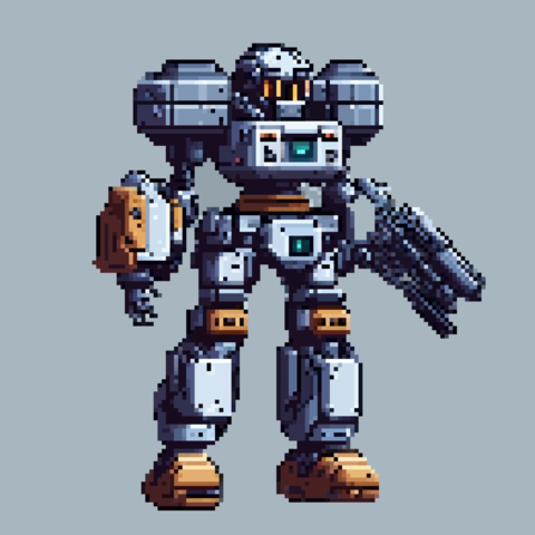 Robot pixel art character for 8 bit game scenery arcade video game