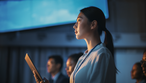 Female business person listening intently to a seminar (side profile, close-up)