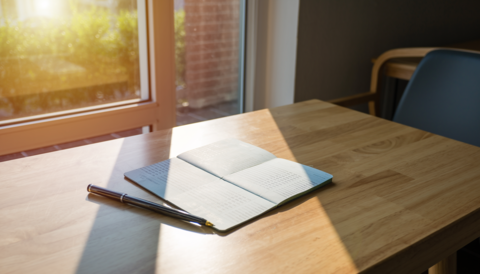 An image of keeping a household account book at a bright table by the window. Bankbook