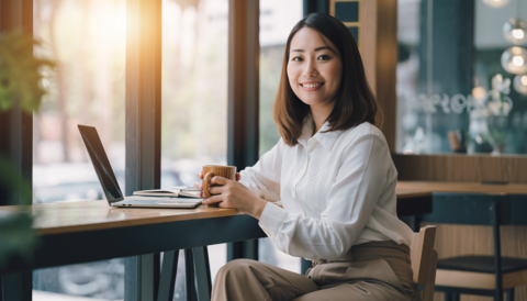 A businesswoman taking a break at a cafe with her laptop open