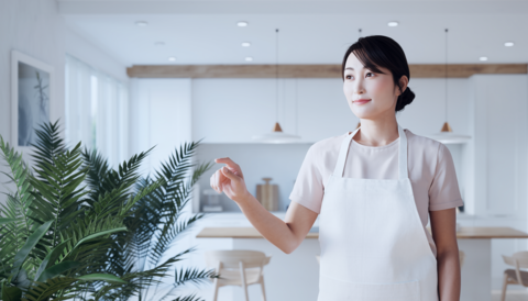 A Japanese woman in her 30s smiling in the kitchen. Scandinavian-style interior and houseplants