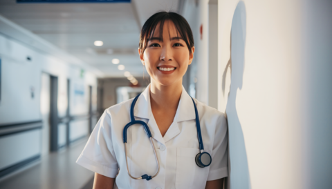Smiling young female nurse in a bright hospital: Medical and nursing care advertising image