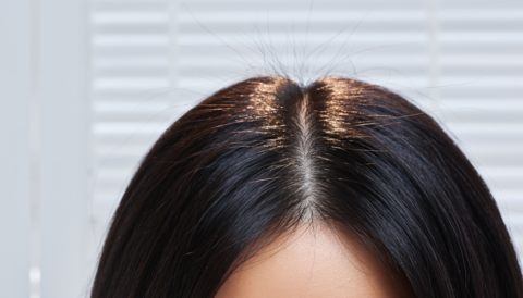 Close-up of a Japanese woman's healthy scalp and shiny black hair