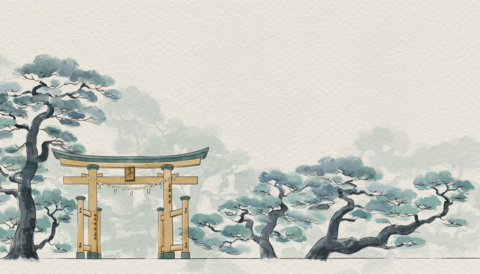 鳥居と松の木 尾張名所図会風の和風背景イラスト