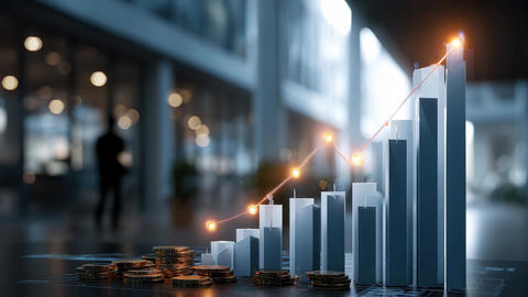 Stock market investment trends depicted with rising graphs, coins, and glowing indicators in a