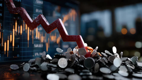 Stock market decline represented by a sharp downward trendline with glowing effect on crushed coins
