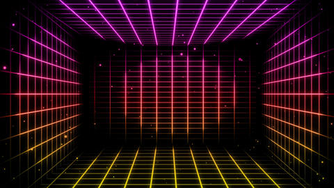 Animated Retro Synthwave Grid Room with Glowing Neon Lights