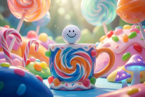 Miniature golf ball with a smiley face on a candy themed cup