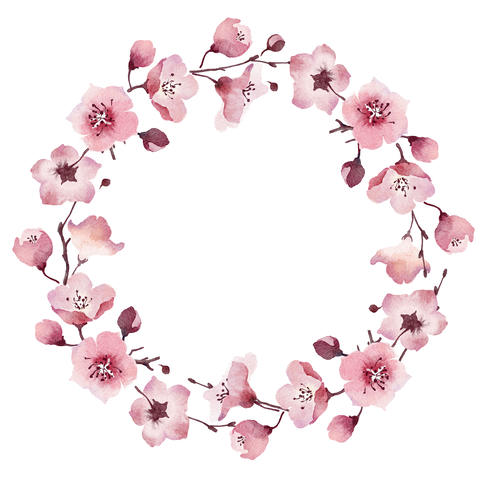 Watercolor cherry blossom wreath clip art with pink spring blooming flowers in