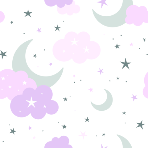 Seamless pattern with crescent moon, clouds and stars