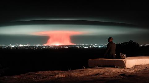 Man Sits on Rooftop at Night Watching Bright Light Over City Skyline With Strange Cloud Formation