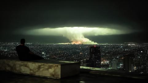 Man Sits on Rooftop and Watches Cloudy Sky Over City at Night