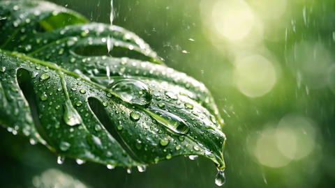Slow motion close-up of water droplets falling onto lush green monstera leafpremium nature