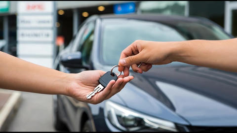 car key handoff moment in front of a polished car, background showing dealership or rental signage