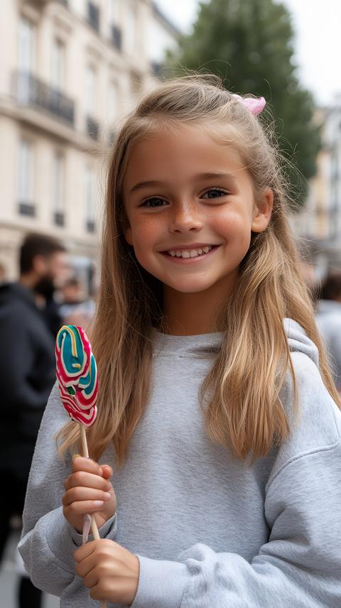 A joyful girl holds a colorful lollipop, smiling brightly in an urban street setting