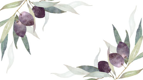 Olive branch watercolor background with leaves and berries