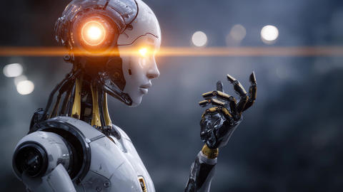 Humanoid AI robot exploring the depths of metaverse cyberspace and engaging in digital interactions