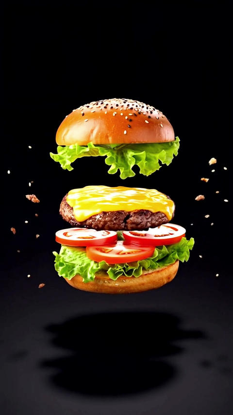 The multiple layers of a burger with floating ingredients. Artistic food photography concept