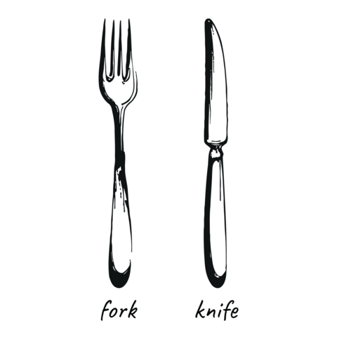 Simple black and white illustration of a fork and knife on white background tableware