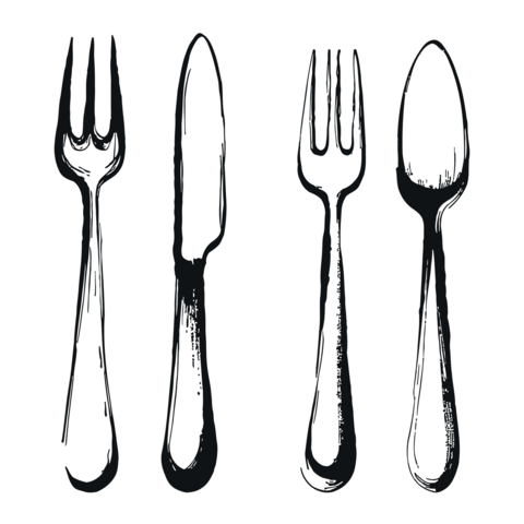 Illustration of black and white drawing of two forks and two knives for dining utensils