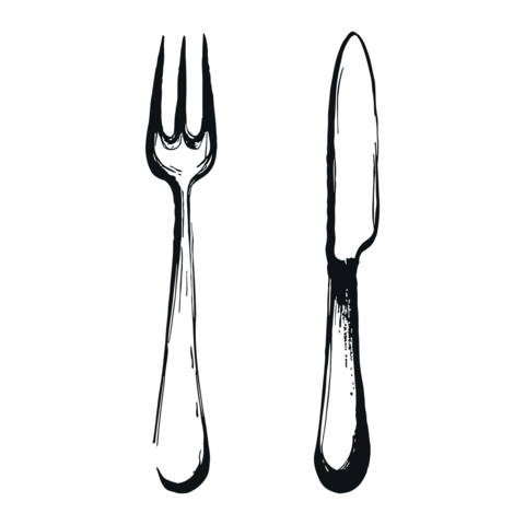 Simple elegant black and white illustration of fork and knife tableware dining utensils together