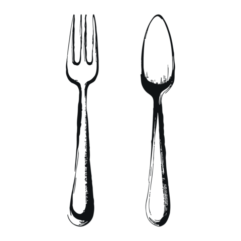 illustration of a simple black and white fork and spoon cutlery set for dining