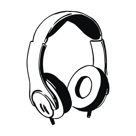 black and white illustration of headphones for listening to music or playing video games comfortably