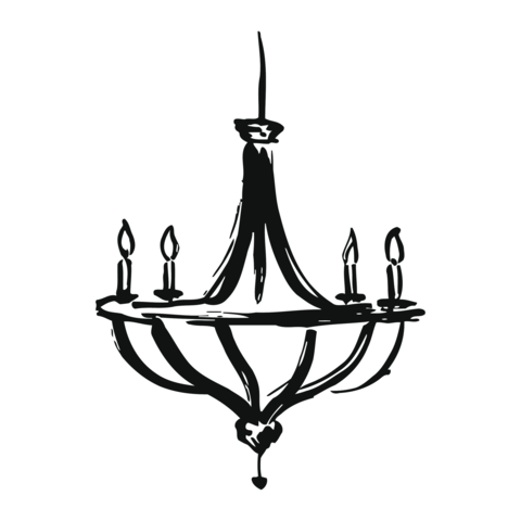 black and white illustration of ornate chandelier with five candles in elegant home decor lighting