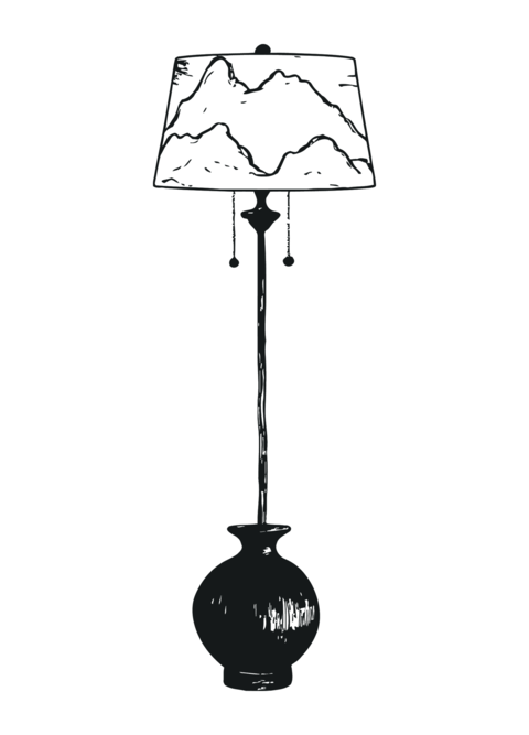 black and white illustration of a lamp with a decorative mountains shade design