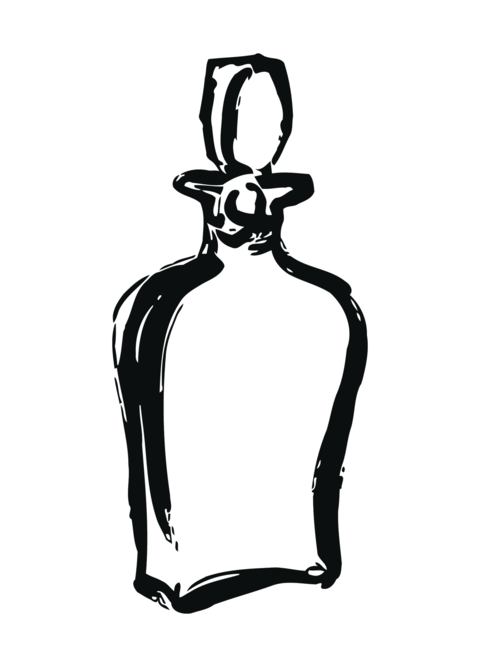 elegant black and white sketch of a perfume bottle with a delicate stopper design