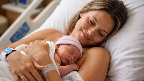 woman mother holding newborn baby on her chest in hospital bed enjoying happiness after childbirth