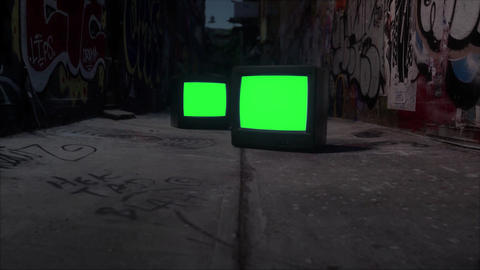 Dual CRT TV Green Screen Urban Alley Footage
