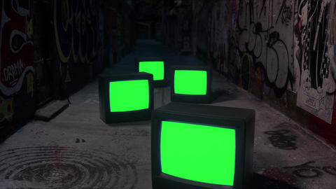 Multiple CRT TVs Green Screen Urban Alley Footage