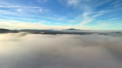 Aerial view of foggy landscape with Klet mountain, South Bohemia, Czech Republic