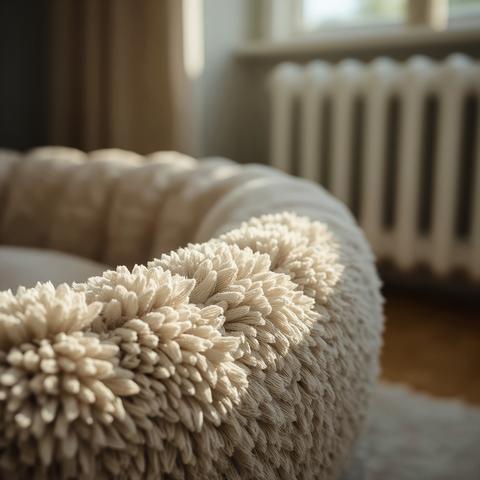 Plush beige pet bed with shaggy texture near white radiator and window light