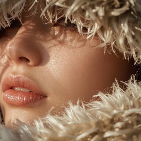 Fluffy light-colored fabric frames smooth skin under warm sunlight glow on face
