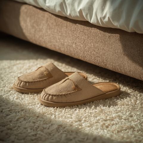 Beige slippers rest on plush white rug near bed with soft light