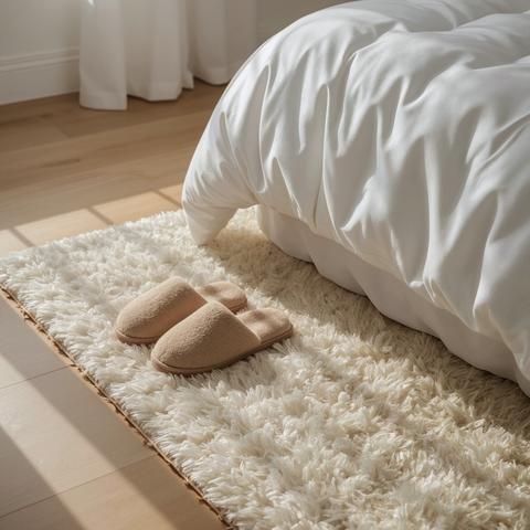Beige slippers rest on plush white rug near bed with soft light