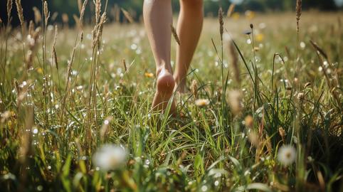 Bare feet visible in tall grass with dewdrops under sunlight