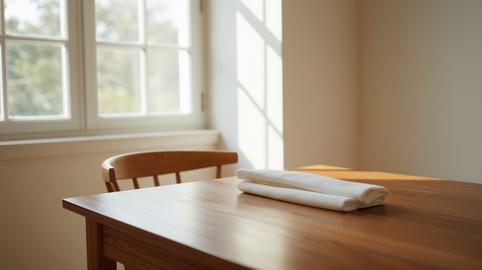 A folded white towel lies on wooden table near window