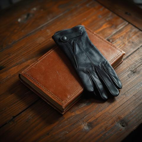 A black leather glove rests on a brown leather book