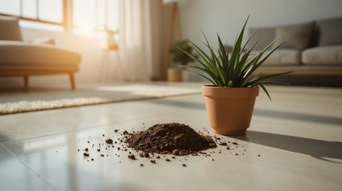 Terracotta pot with green plant beside soil mound on light wooden floor
